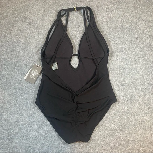 NWT Vince Camuto Plunge Neck Halter Open Back One-Piece Swimsuit Size 10 Black - Picture 11 of 12
